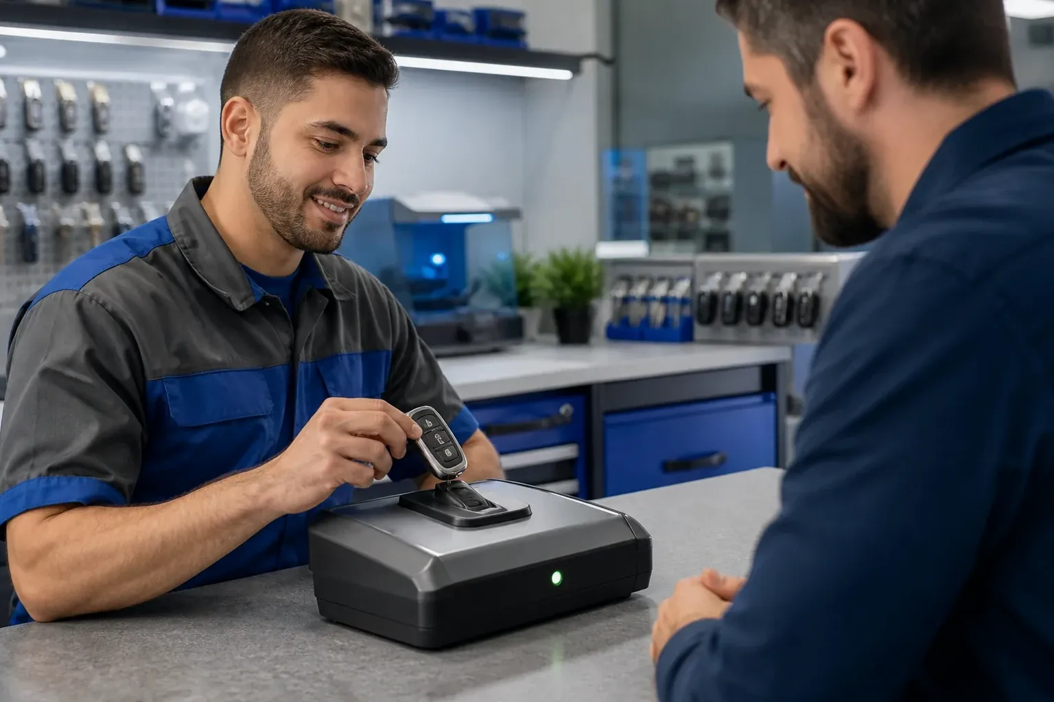 Chaveiro programando uma chave de veículo em Itabuna com dispositivos eletrônicos.