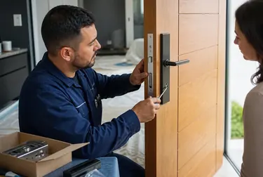 Profissional instalando uma fechadura nova em uma porta em Itabuna.